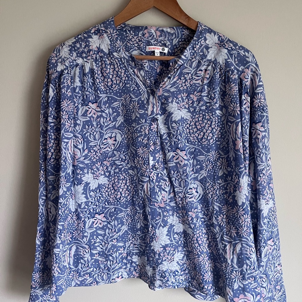 Sundry Women's Wild Floral Henley LS Multicolor Top 100% Cotton Size 4 (XL)